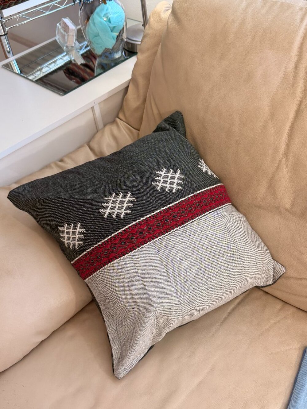 Nepalese Handwoven Hand Embroidered Pillow Cover Dark Gray, Burgundy and White